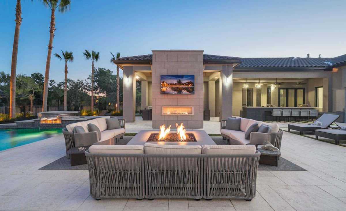 Patio with tile floors and pavilion with outdoor television