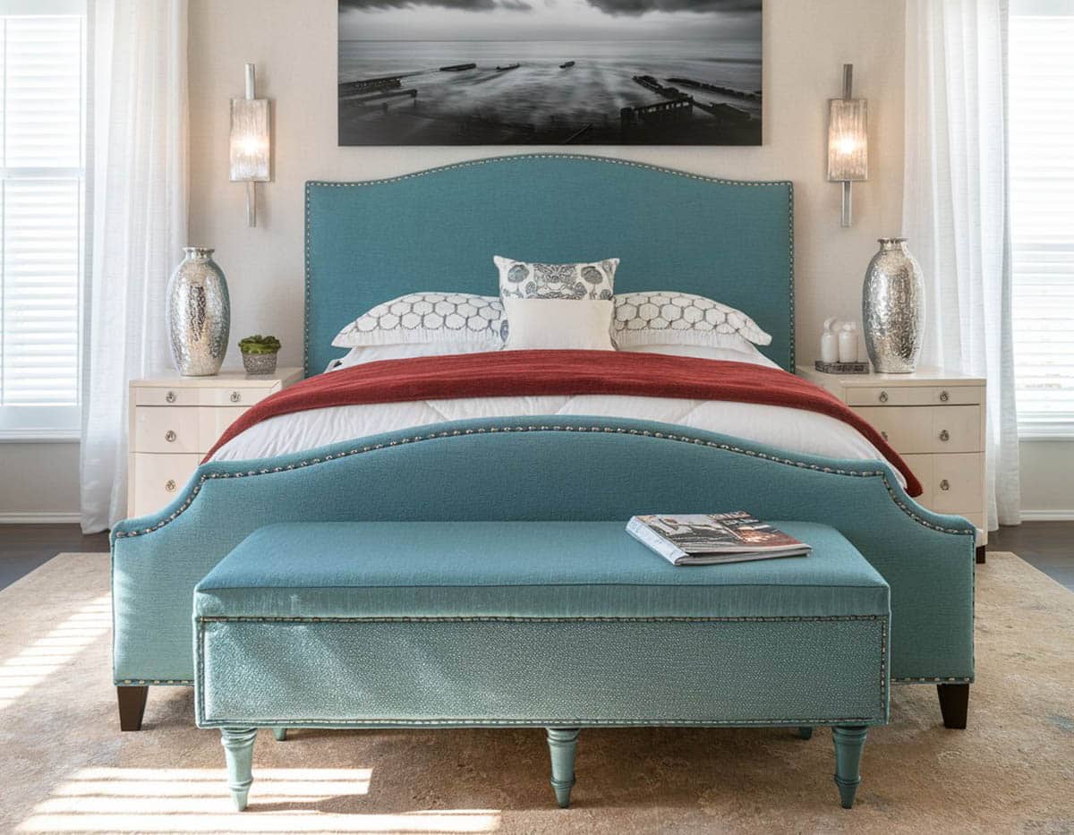 Teal bench and millersburg upholstered fabric bed