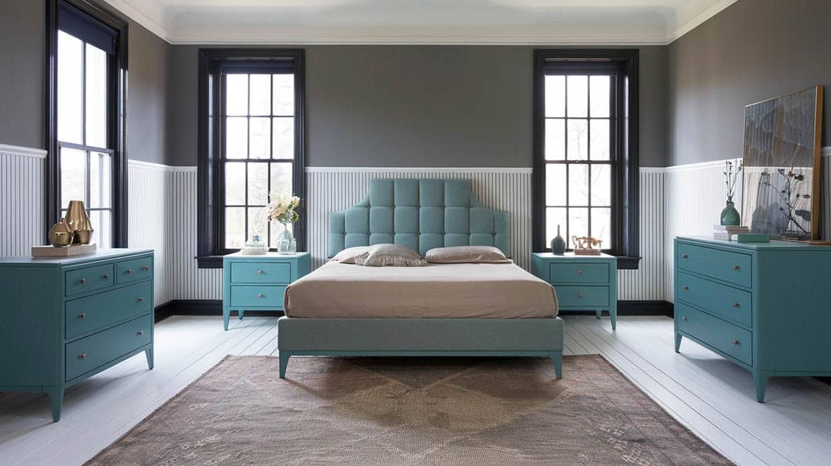 Teal sleigh bed and dressers