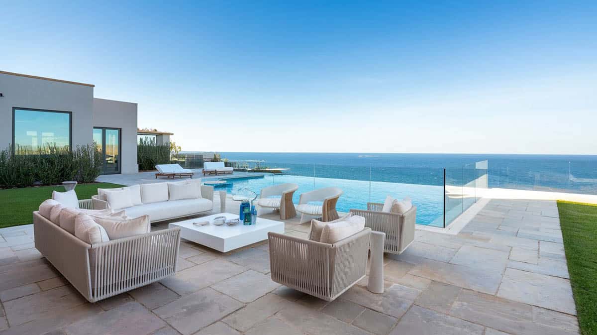 Limestone ocean front patio with infinity pool