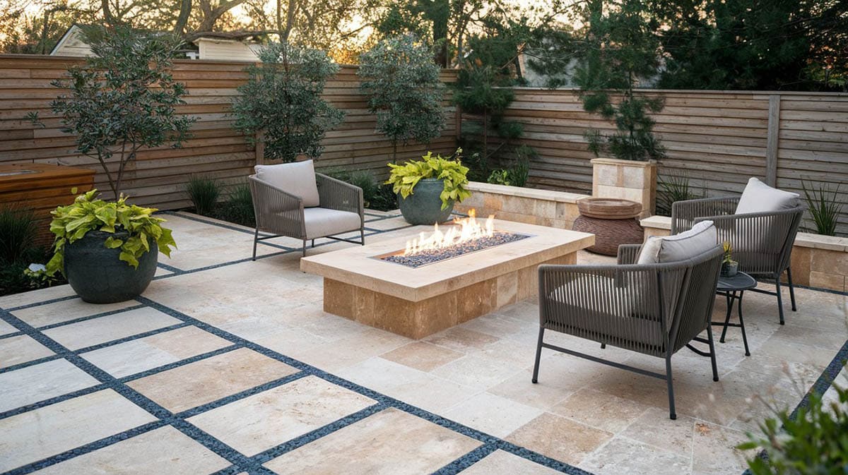 Travertine patio with gravel in-between pavers
