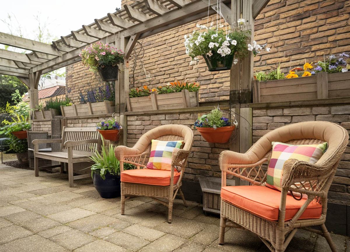 Backyard patio with rattan furniture and narrow pergola