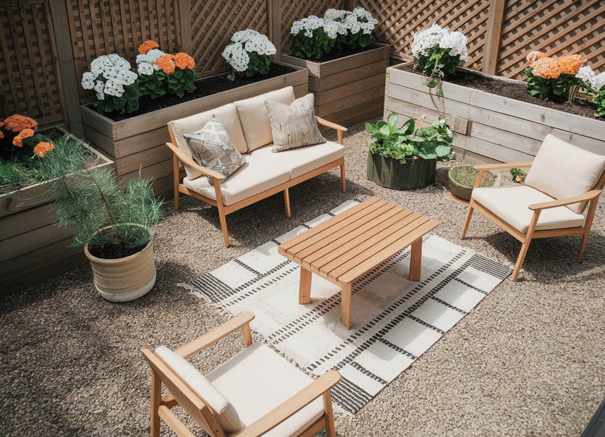 Backyard patio with cedar boxes for plants