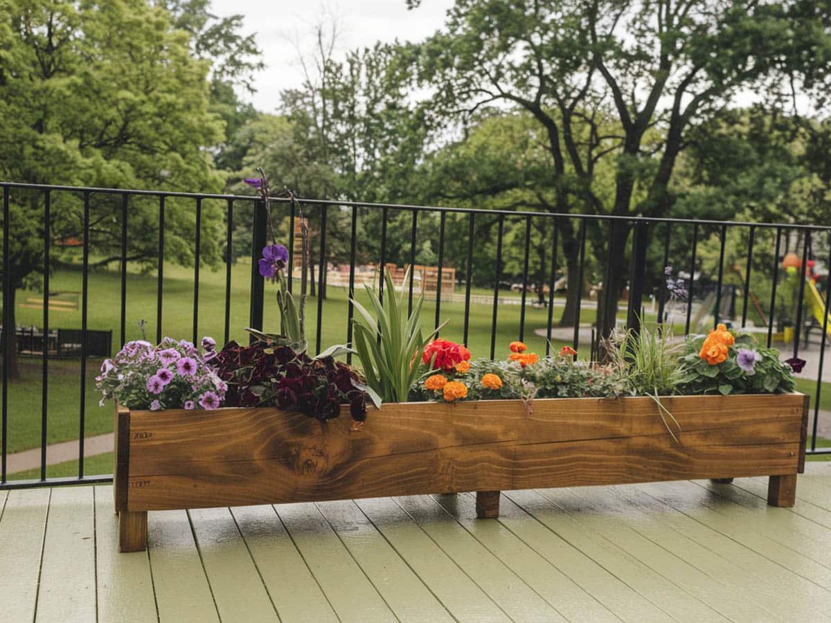 Large bloom box beside railing