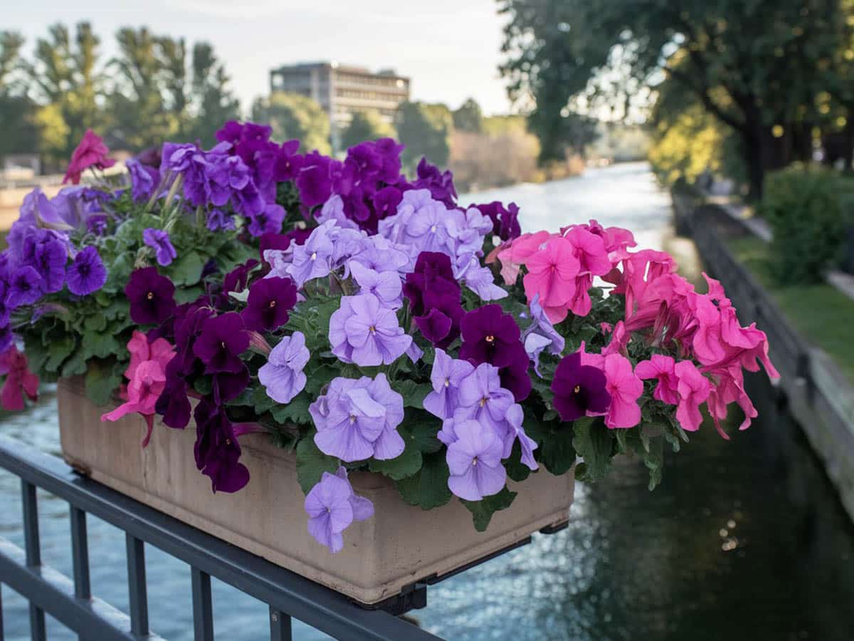 Box petunias and pink geraniums on steel fence