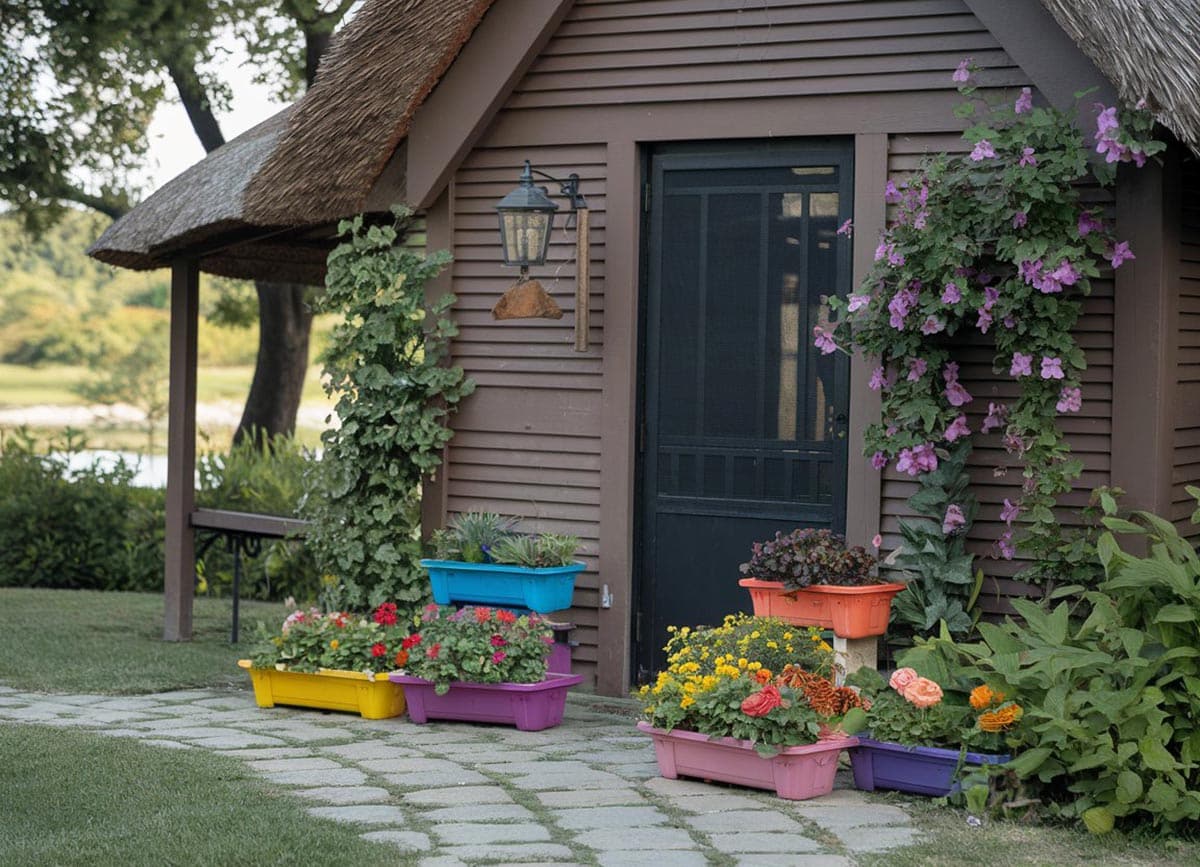 Front door to cottage with brown siding