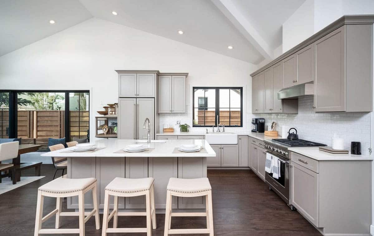 Gray and off white kitchen dark wood flooring