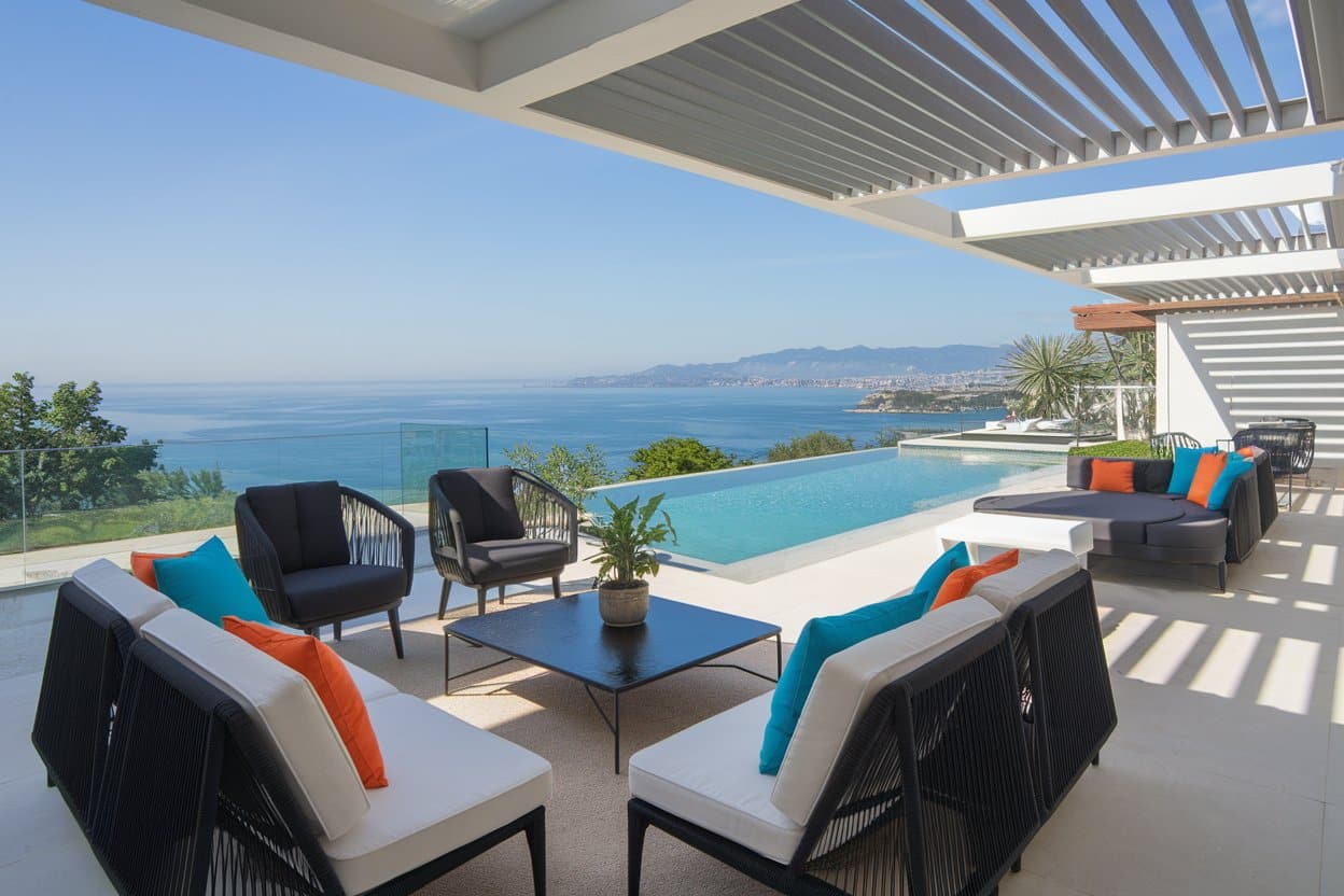 Upscale patio with sectional sofa with blue, white and orange cushions