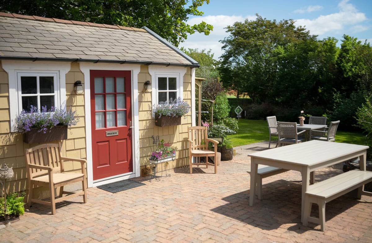 Small backyard cottage with red door and planters