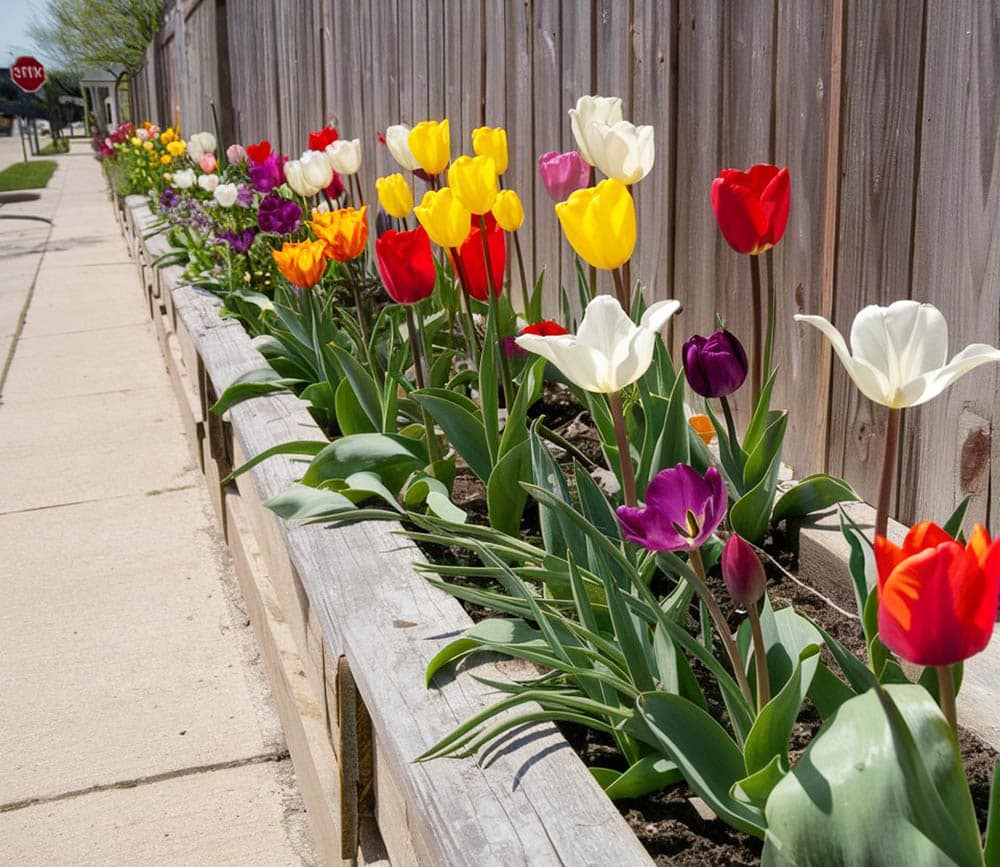 Flowers planted along the wooden fence