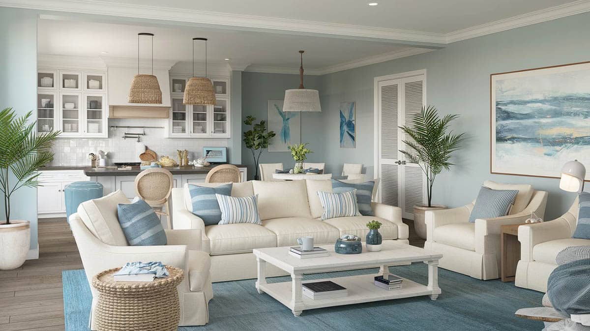 Coastal themed room with open plan design to kitchen with soft colors