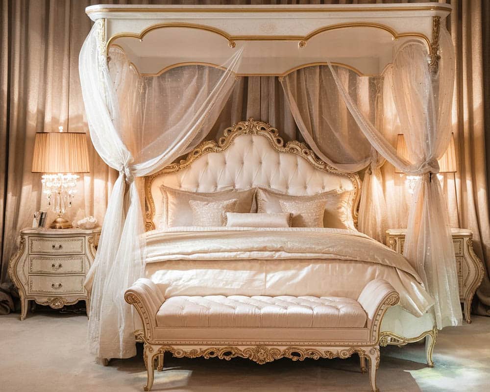Luxury baroque style bedroom with sheer curtain, gold vanities and tufted bed
