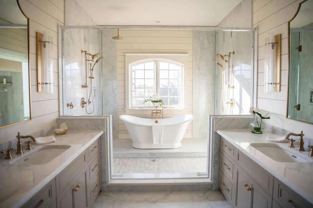 Master bathroom with shiplap above vanity and wood tile