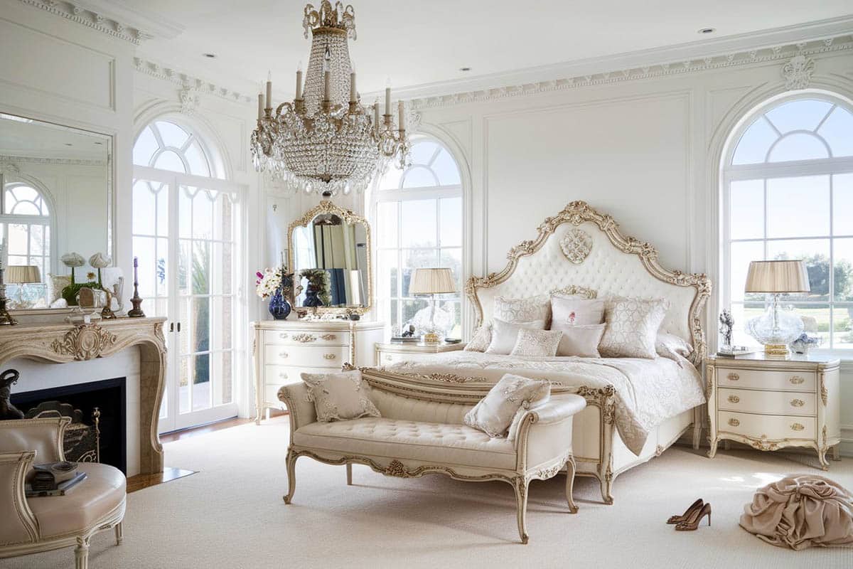 Romantic bedroom with French style, tufted headboard bed, fireplace, chandelier and make-up vanity