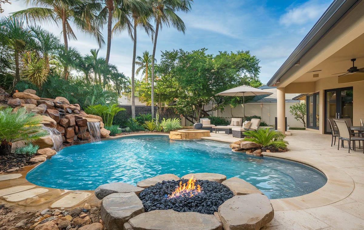 Custom rock swimming pool with glass rock fire pit design