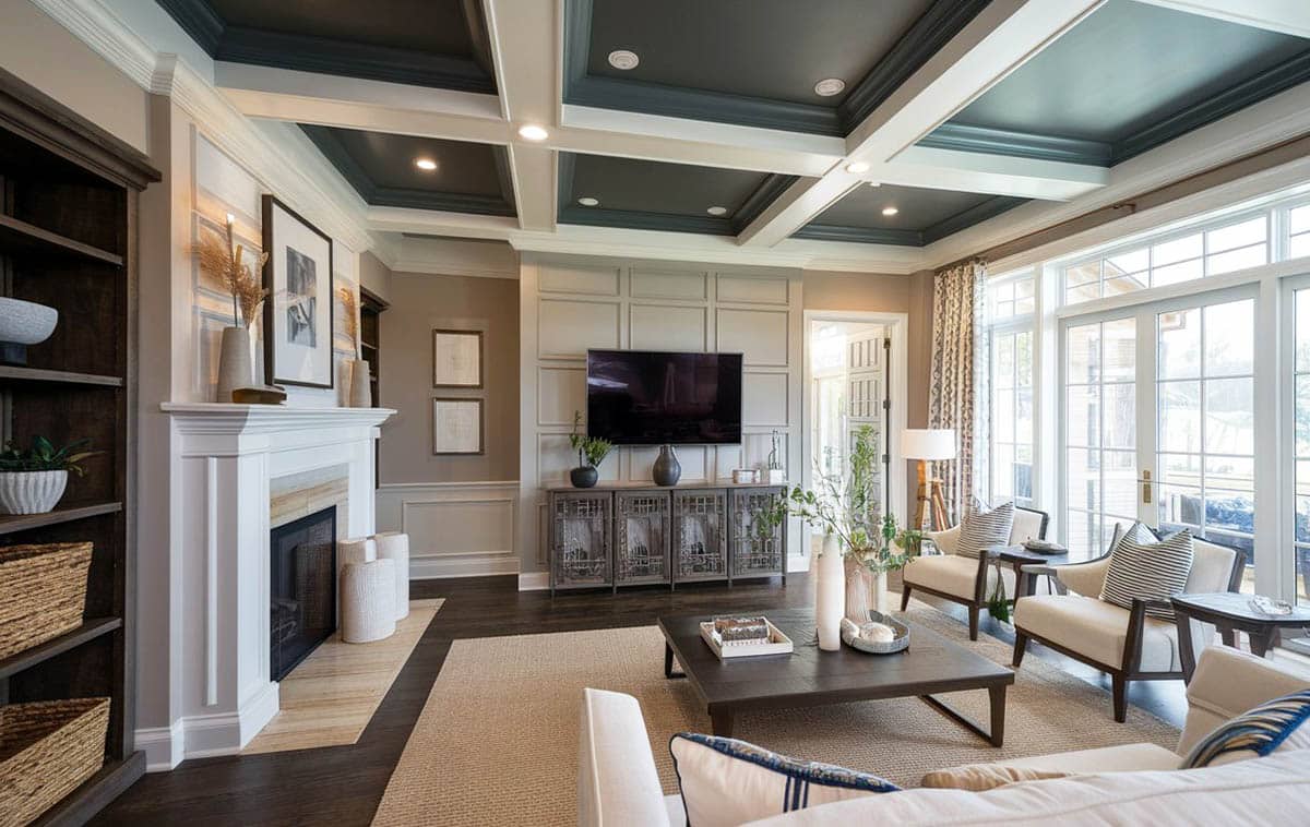 Room with earth colors wooden floors and box ceiling