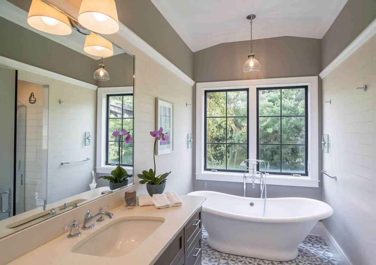 Beautiful bathroom with soft color theme and freestanding tub
