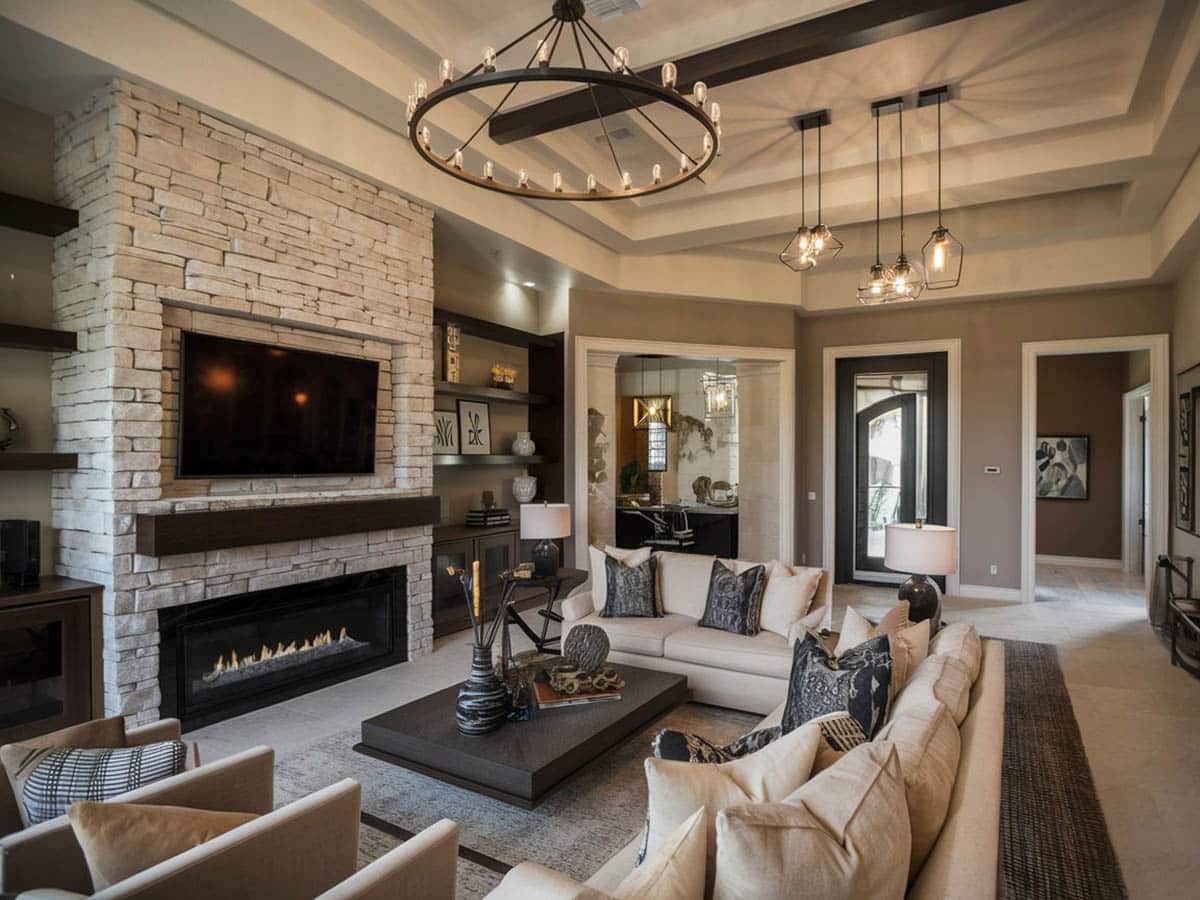 Traditional living room with shades of brown stone fireplace and high ceilings