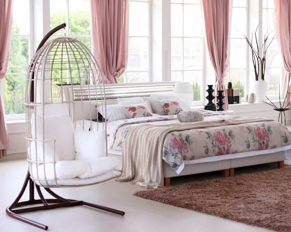 Bird cage swinging chair in bedroom