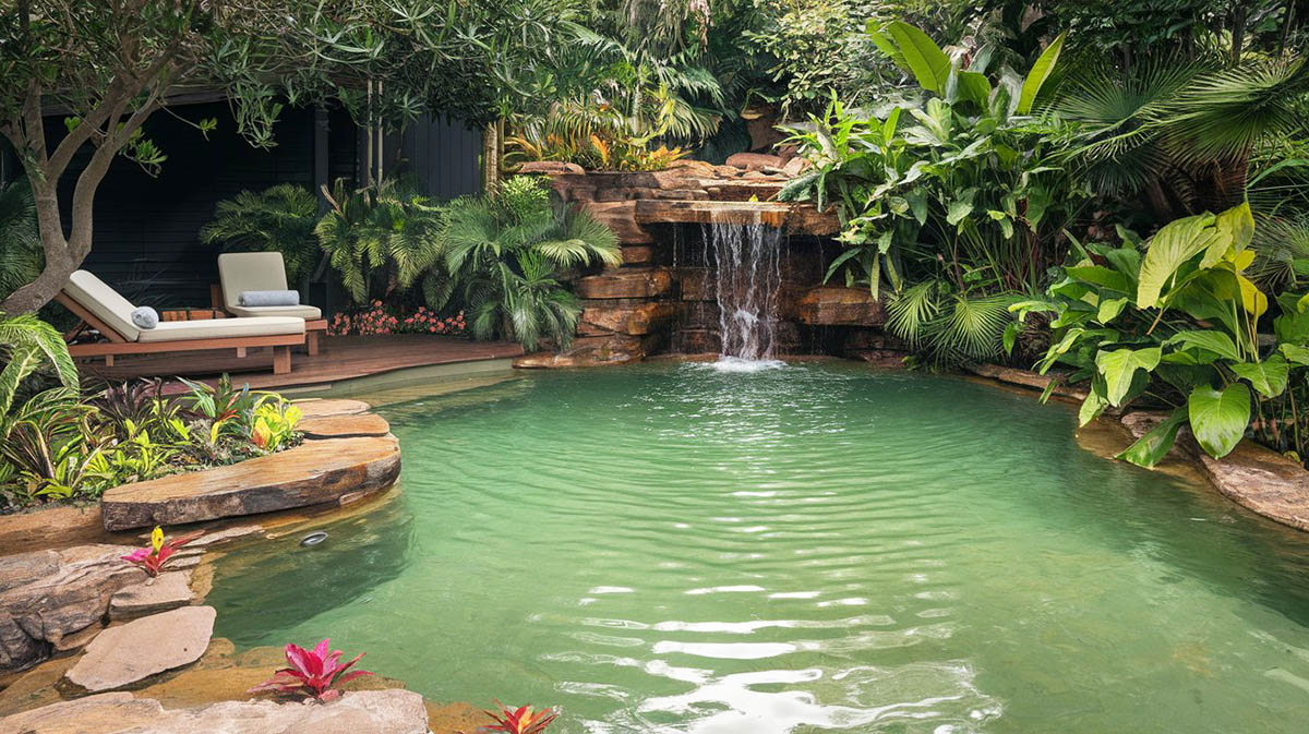 Trees and plants framing the tropical styled pool with cascading waterfall add-on design