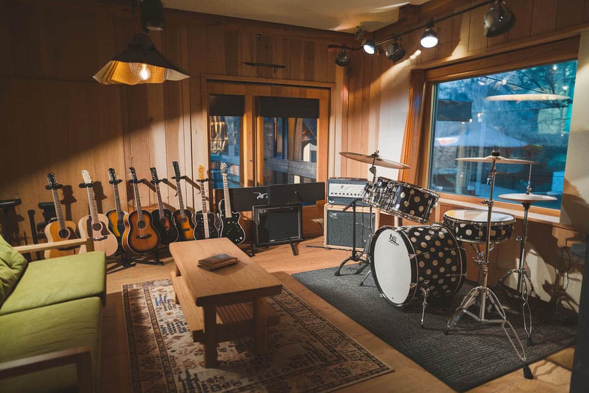 Basement music room with guitars and drums