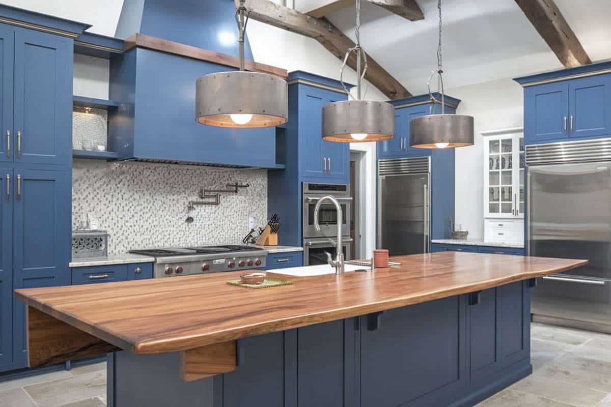 Rustic kitchen with three bronzed drum lights and walnut countertop