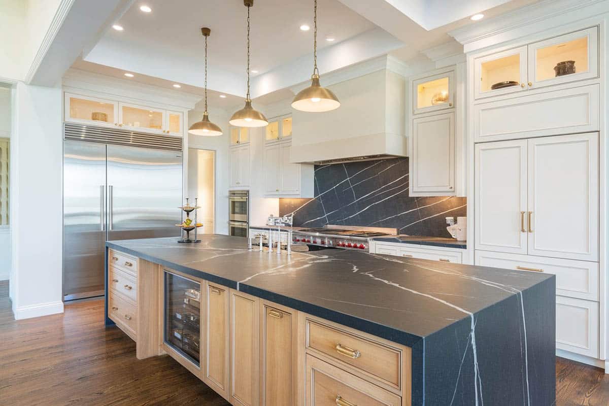 Contemporary custom kitchen with dark soapstone honed countertops and backsplash