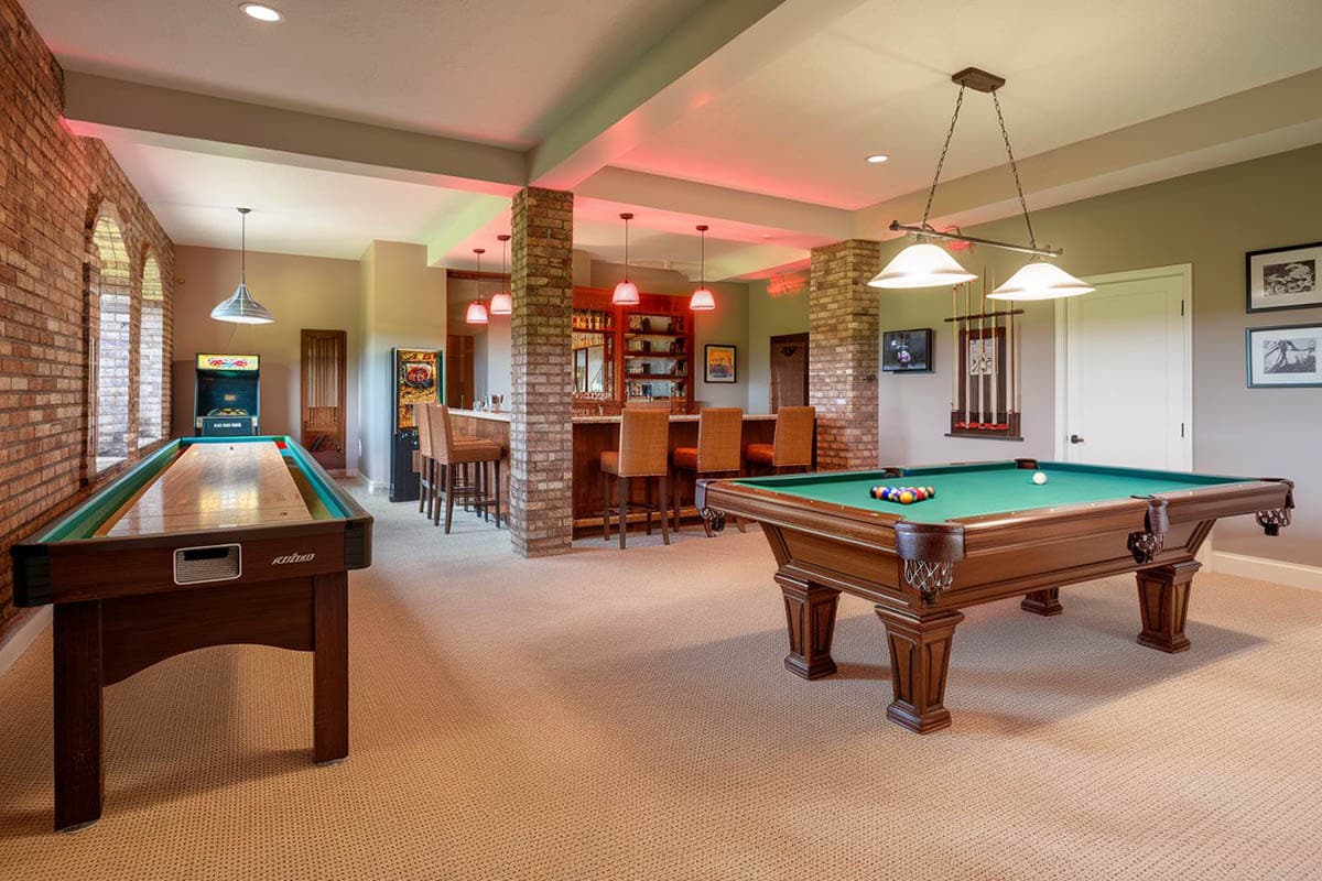 Basement billiards room with bar and shuffleboard