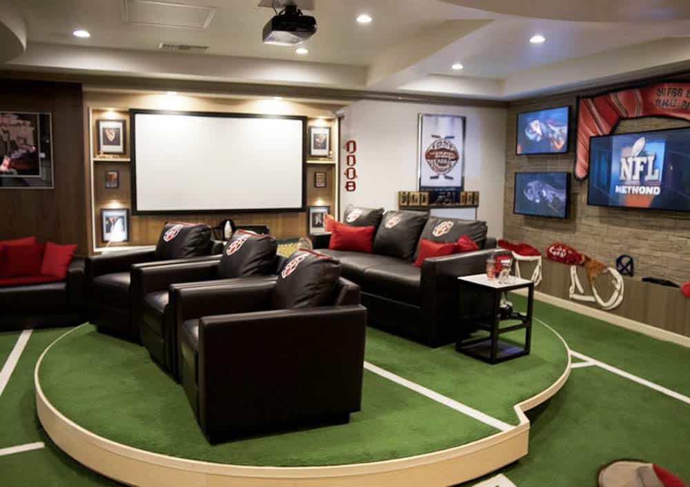 Theater with leather seating and multiple big tvs