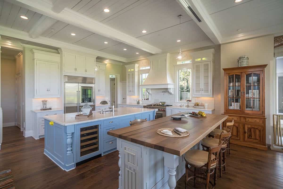 Butcher block counter, beadboard ceiling and walnut standalone cabinet