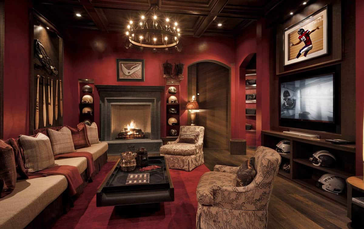 Sports room with memorabilia, football helmets and baseball bats