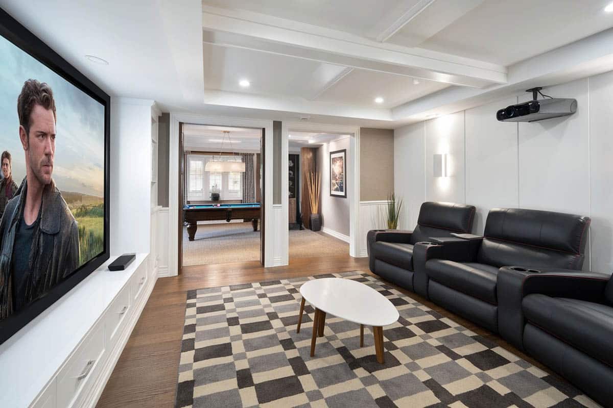 Modern media room with big screen tv