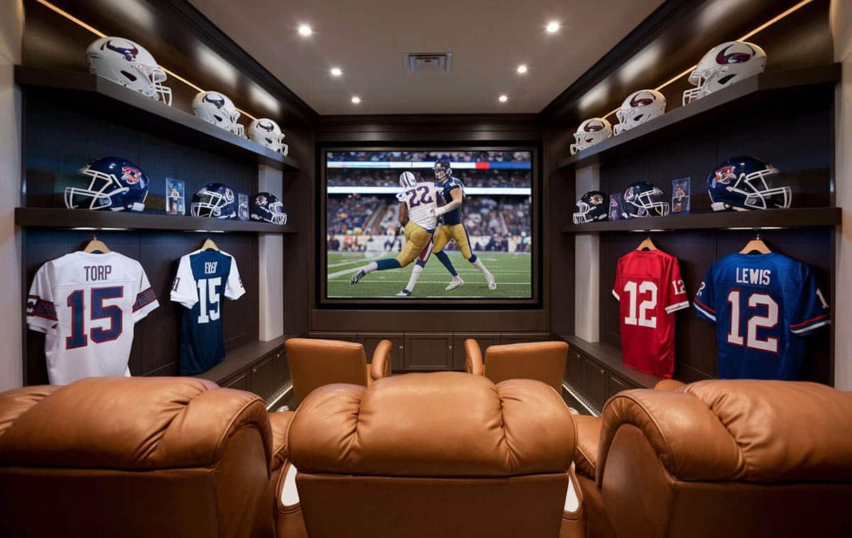 Sports jersey room with theater screen
