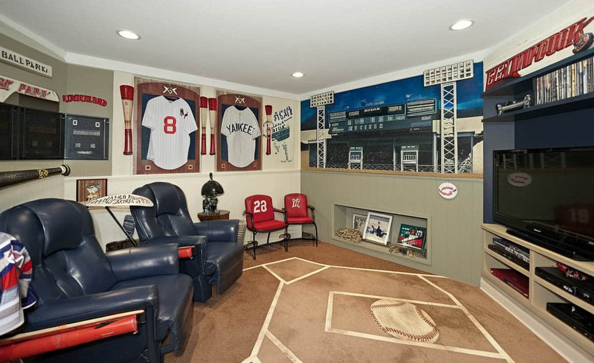 Sports-styled room with recliner seats and tv