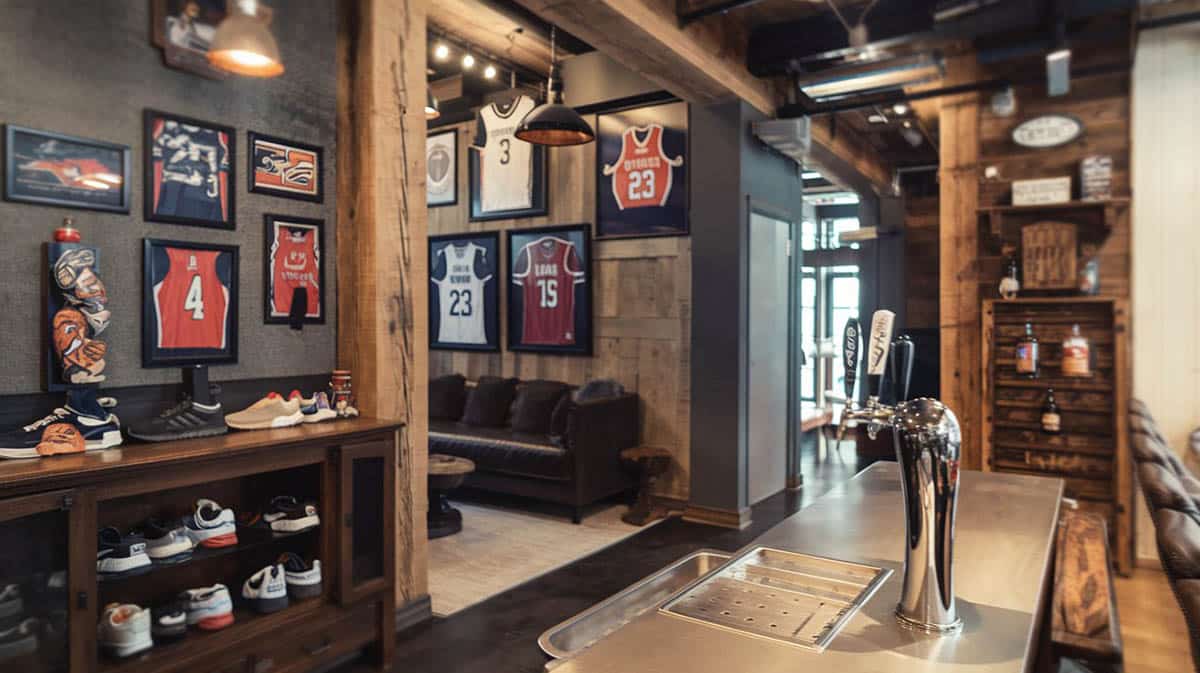 Sports man cave with team jerseys and beer tap