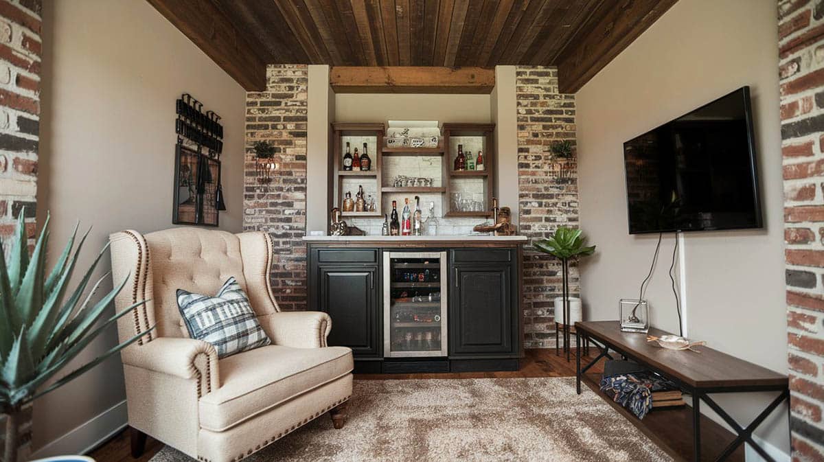 Stylish small sized mancave room with brick accent wall and small home bar