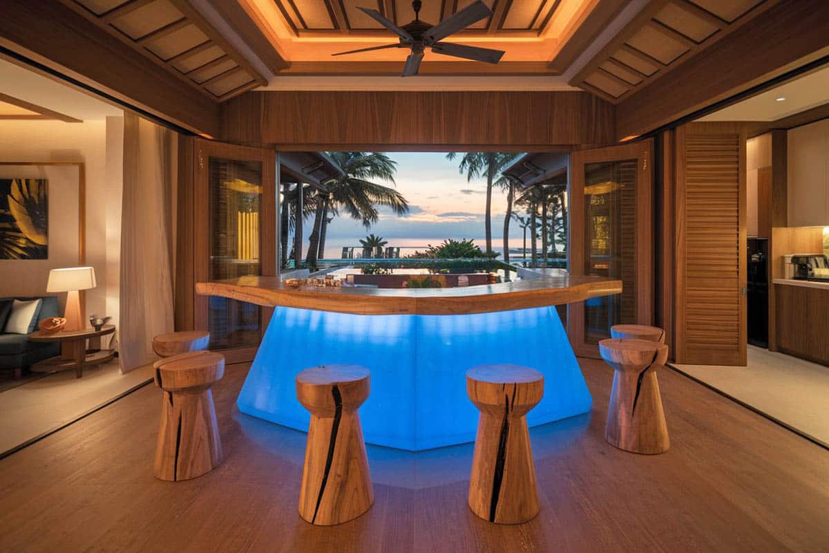 Room with bar with picture window views, solid wooden bar stools and lit blue bar
