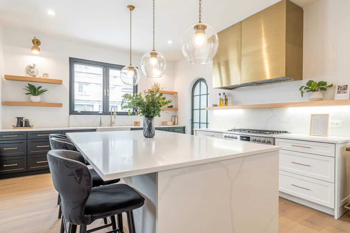 Pure white quartz in a two tone cabinet kitchen
