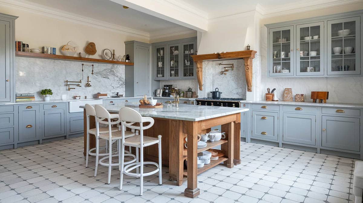 L shaped kitchen with island light gray cabinets and marble countertops