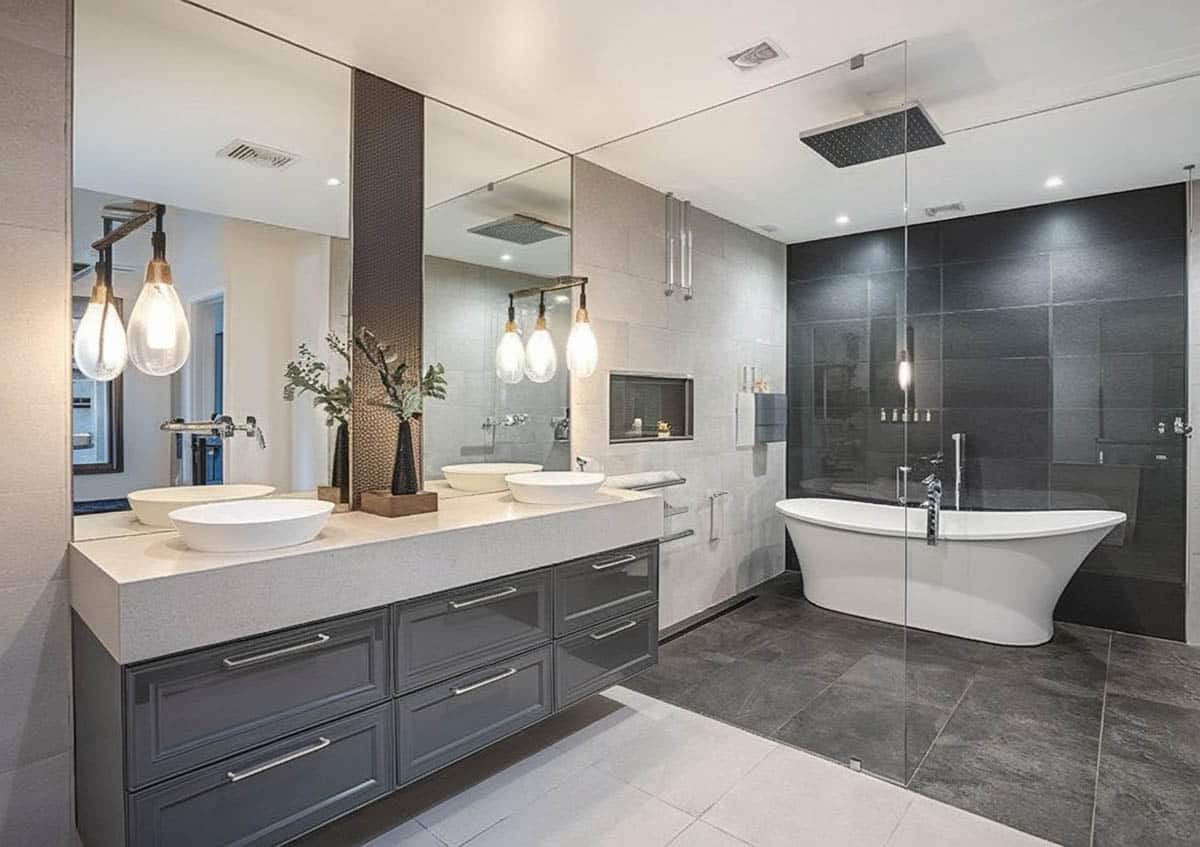 Large bathroom with slipper tub and slate shower floor