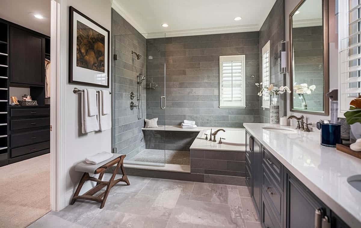 Tile shower and alcove tub combination with plantation shutters