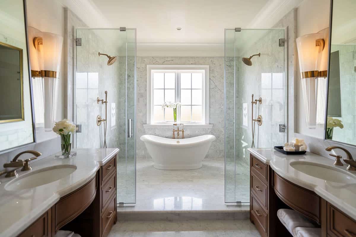 Tub inside shower with two shower heads