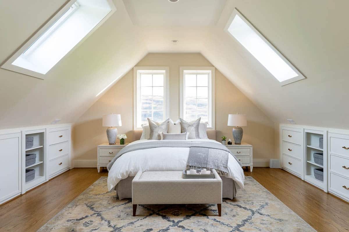 Contemporary attic bedroom with skylights and built-in drawers