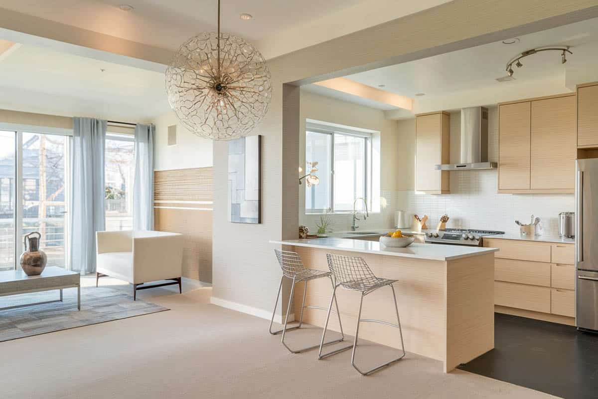 Kitchen with peninsula countertop for dining, study or work