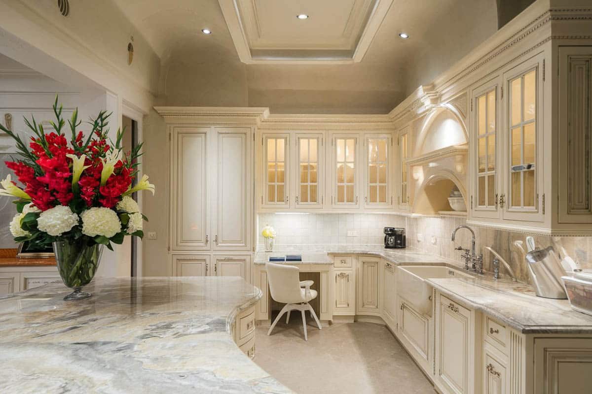 Kitchen with lower level counter for a desk