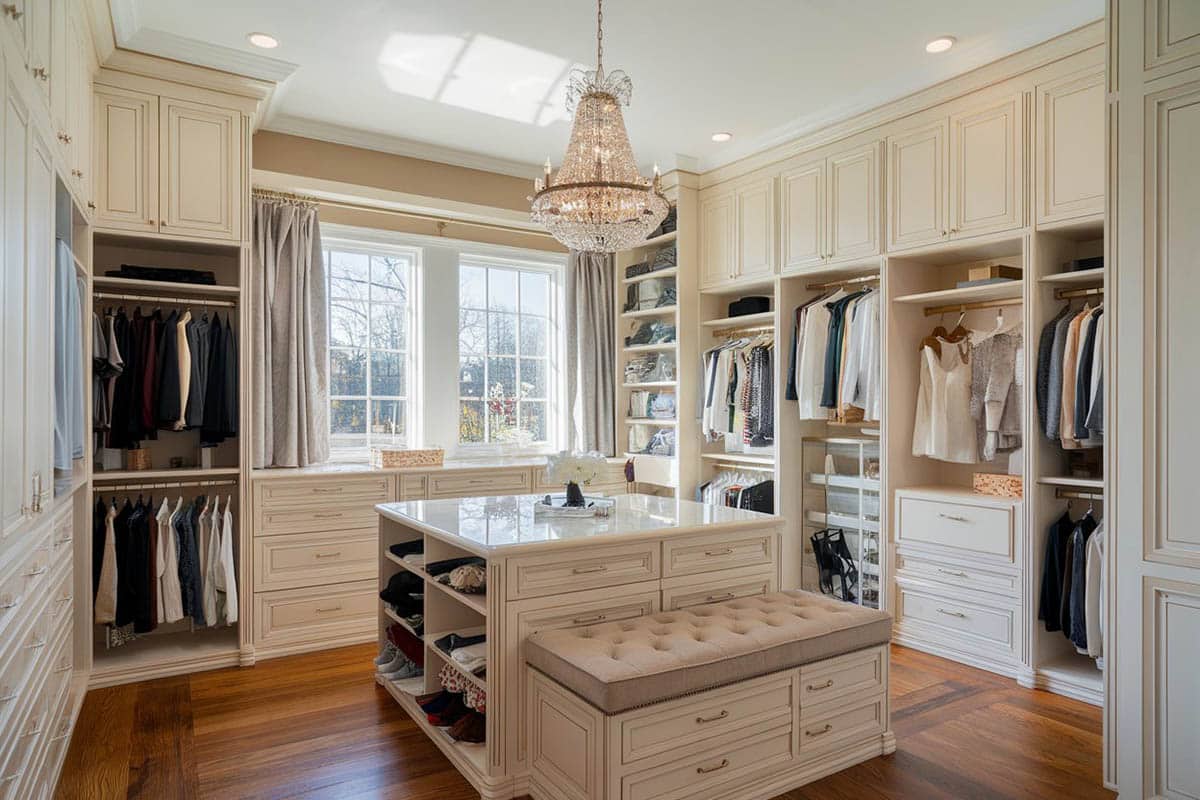 Large closet with plush sitting island and chandelier