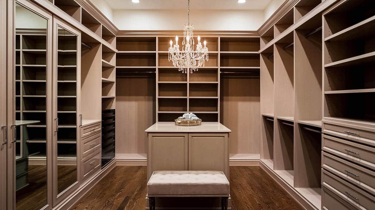 Luxury walk-in closet with mirror doors and chandelier