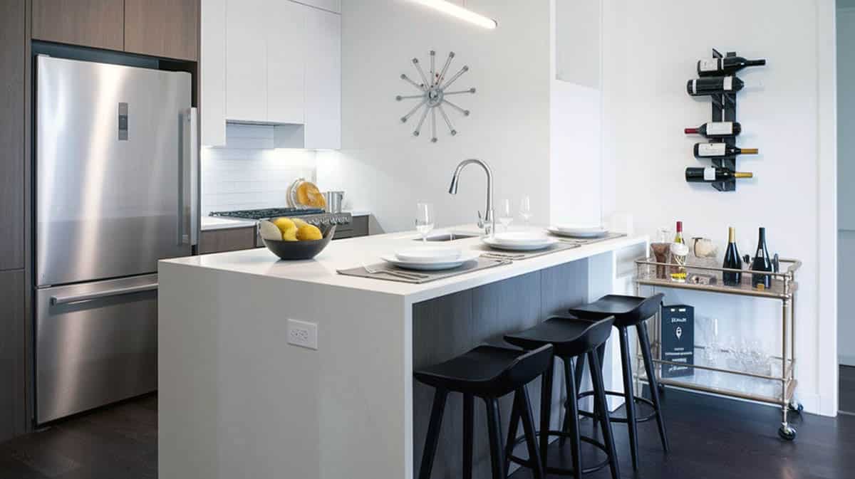 Contemporary kitchen with home bar cart
