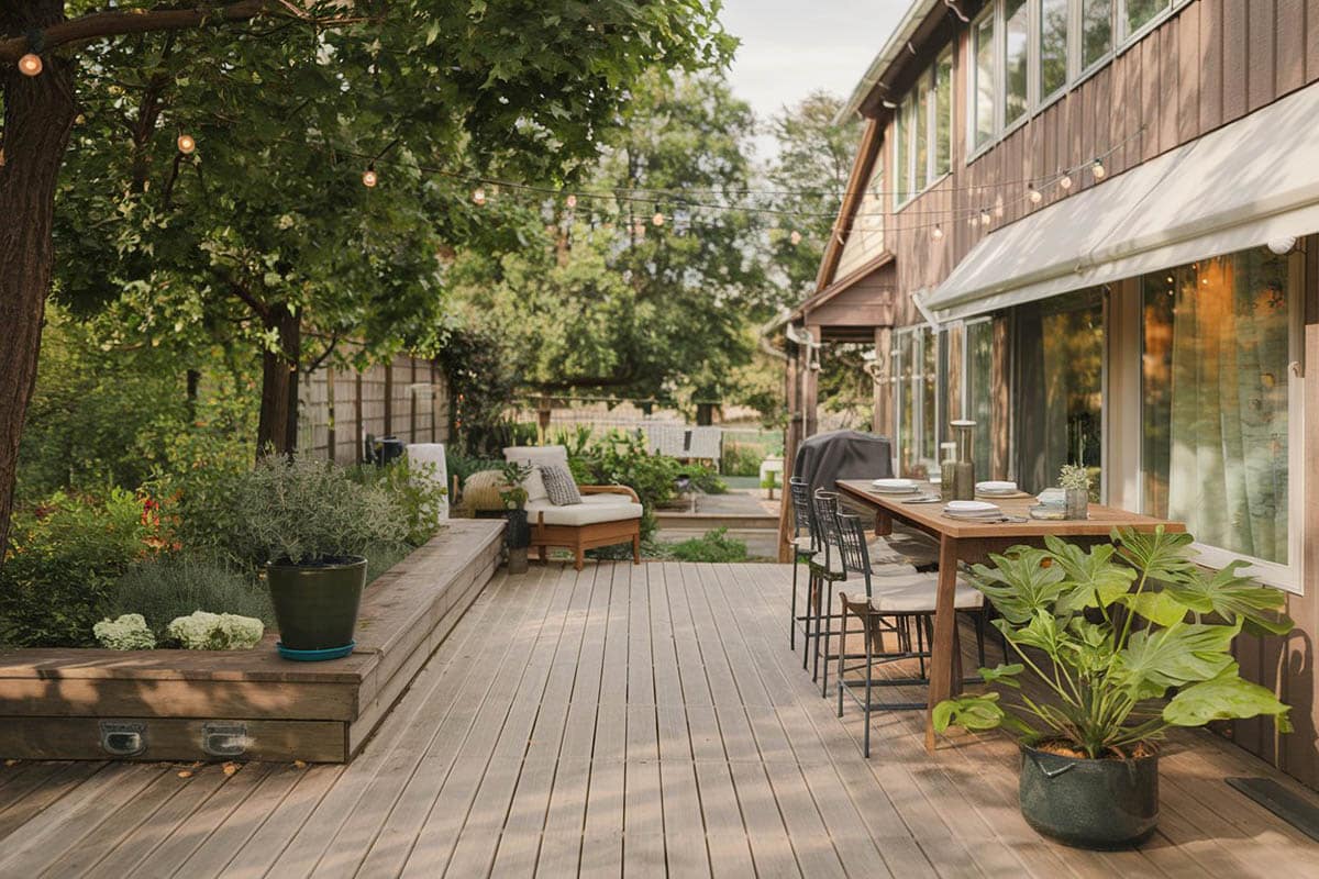 Deck next to garden with outdoor dining