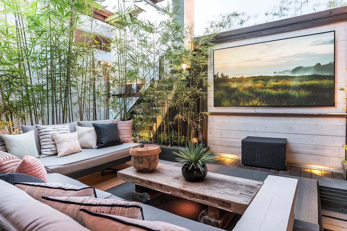 Elevated wood deck with outdoor furniture and projection screen